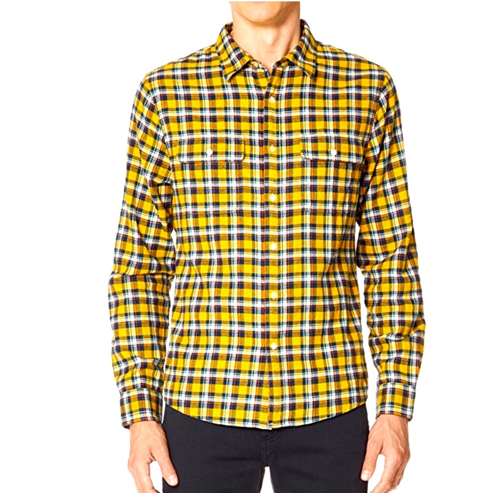 FRAME Large Slim Fit Plaid Soft Flannel Shirt Yellow